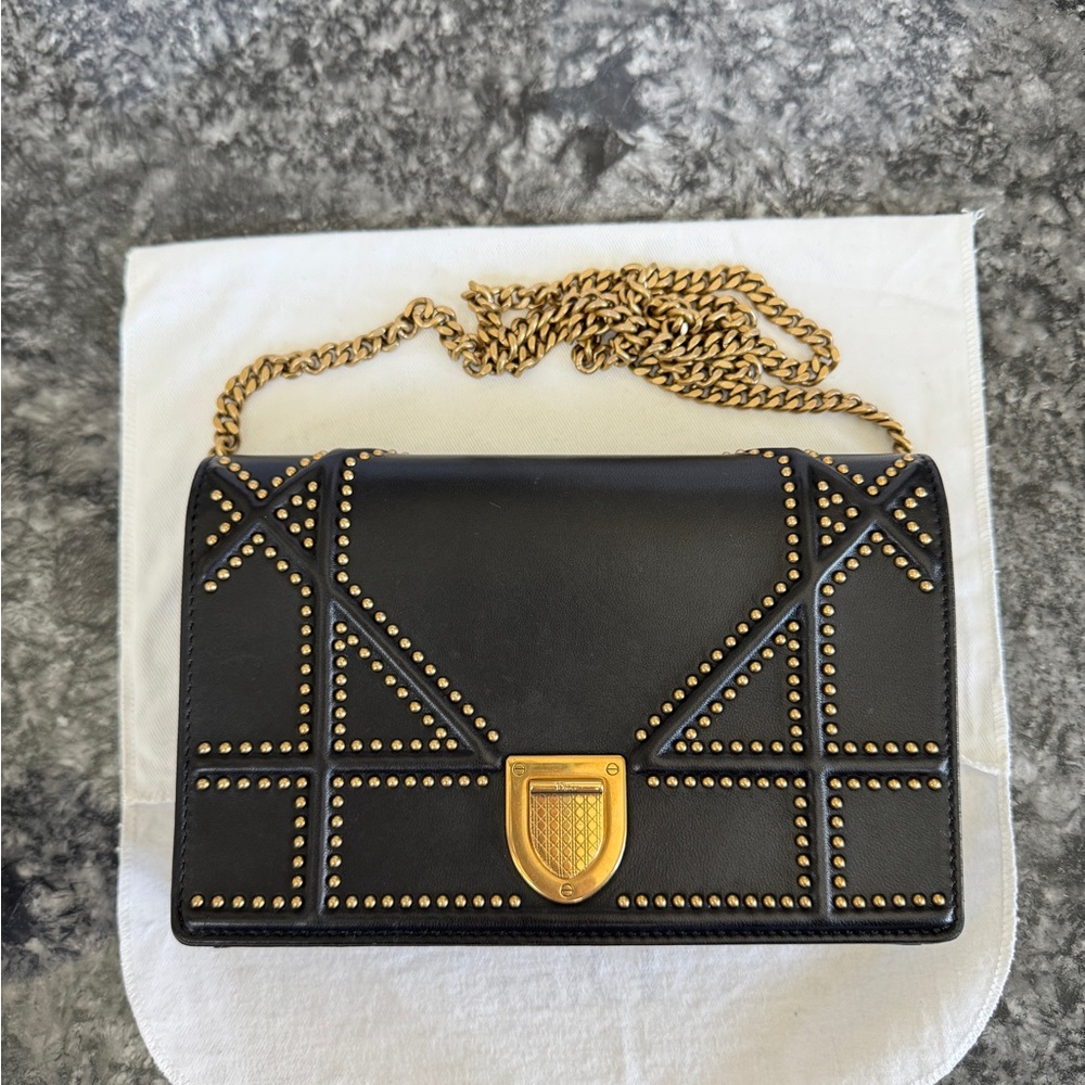Christian Dior Black and Gold Studded Bag Diorama Wallet on Chain